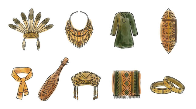 Dayak and Toraja Traditional Tribal Attire Icon Set Vector
