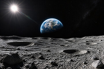 Fototapeta premium Earth hangs in the blackness above a desolate, cratered lunar surface under bright starlight.