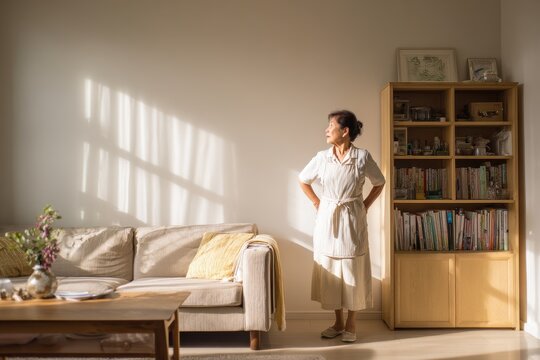 Senior Asian housekeeper in a sunlit living room watching a bookshelf