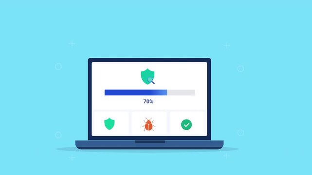 Modern flat vector animation of a laptop displaying a security dashboard with protection icons and progress bar. Ideal for cybersecurity, data protection, software, and web technology projects.