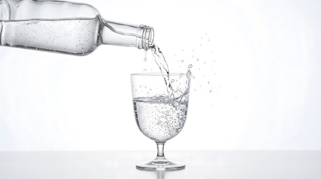 Clear water being poured from a glass bottle into a drinking glass