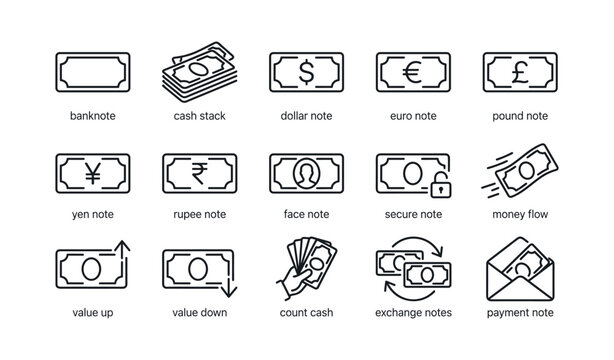 Banknote and currency icons on white grid layout design