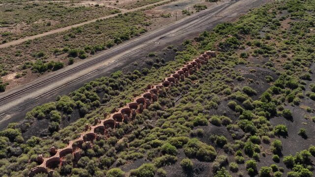4K UHD aerial drone shot capturing the entire unbroken line of circular coal ovens at the Waldo ghost town. This full top-down view reveals the complete scale of the historic industrial footprint.