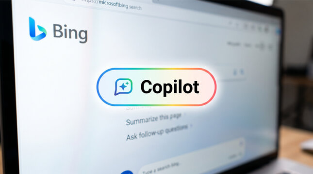 Photo illustration of the Microsoft Copilot logo seen on a laptop screen with the Bing search engine interface. Closeup view of the artificial intelligence assistant branding and chat icon.