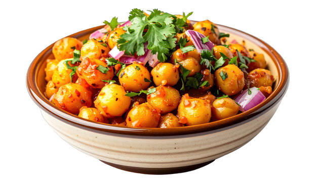 Delicious Spiced Roasted Chickpeas with Fresh Cilantro and Red Onion in a Ceramic Bowl Isolated on White