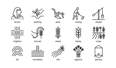 Fototapeta premium Farming icons showing tools, crops and irrigation symbols