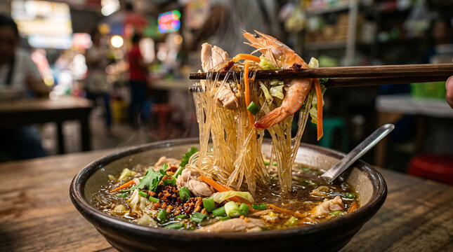 Chopsticks lifting steaming glass noodles with shrimp, chicken, and vegetables from Filipino noodle soup