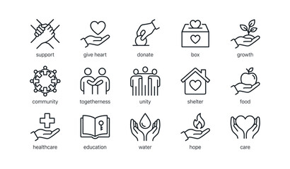 Fototapeta premium Charity icons showing donation support and community services