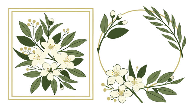 Set of floral frames with jasmine flowers and green leaves, botanical wedding invitation elements