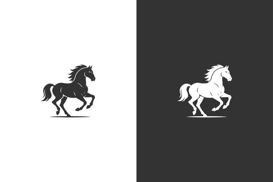 Minimalist black and white silhouette of a horse in motion on a plain background, emphasizing dynamic movement and simplicity