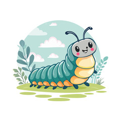Obraz premium Cute cartoon caterpillar in nature scene