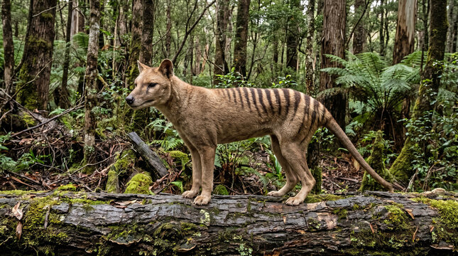 A majestic thylacine also known as a Tasmanian tiger standing gracefully on a moss covered fallen log in a lush green ancient forest showcasing its unique striped fur and powerful presence in its