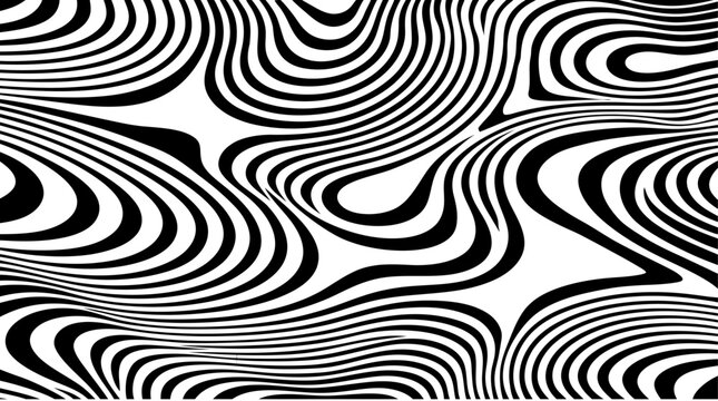 Hypnotic psychedelic wavy line pattern, black and white optical illusion vector background, trippy distorted liquid swirl texture for modern graphic design