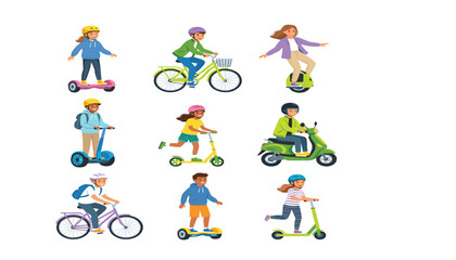 PrintVector illustration set of happy children and teenagers riding bicycles scooters hoverboards and electric unicycles on white background © Ruma