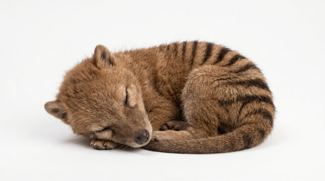Adorable Baby Binturong Sleeping Peacefully Curled Up on a Clean White Background Showcasing Its Soft Fur and Distinctive Striped Tail a Symbol of Innocence and Tranquility Perfect for Nature or
