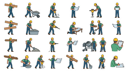 Fototapeta premium Construction Worker Set with Timber Carrying Cement Mixing Jackhammer Operation and Blueprint Inspection in Editable Stroke Illustrations Multiple Poses
