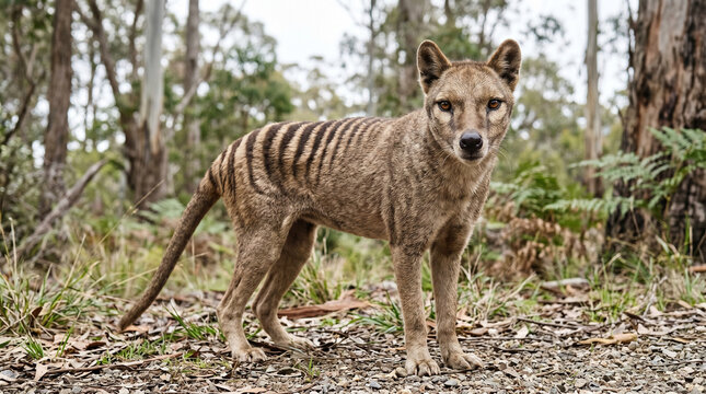 A captivating thylacine also known as the Tasmanian tiger a unique striped marsupial predator standing alertly in its natural Australian bushland habitat a symbol of extinct wildlife and conservation
