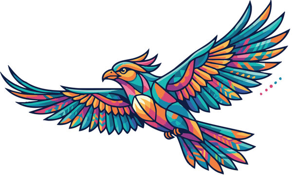 Colorful, vector, illustration, of, a, flying, bird, with, vibrant, geometric, patterns, mosaic, wings, hawk, eagle, mascot, isolated, white, background, design,
