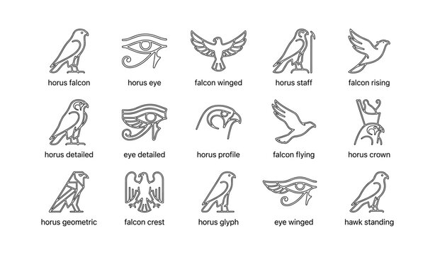 Falcon and horus symbol icons arranged in grid on white background