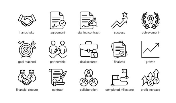 Business partnership and agreement icons arranged in grid layout