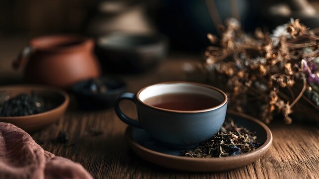 A calm and dramatic still life featuring a rustic herbal tea cup set against earthy textures creating a mood of deep relaxation