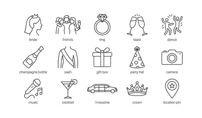 Fototapeta premium Party and celebration icons for wedding events on white background
