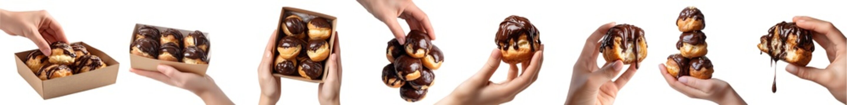 Set of hand holding Cream Puff Profiterole pastry p&acirc;te &agrave; choux with chocolate ganache dripping, takeout brown craft paper box, pile stack group broken half bite, transparent cutout PNG. Many Mockup