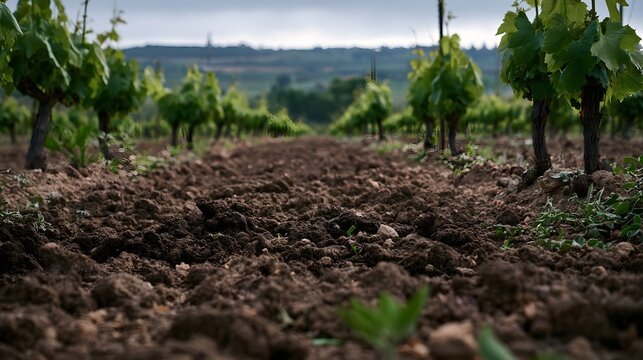 A low angle view captures a pastoral vineyard with rich dark soil under natural light emphasizing the beauty of agricultural land