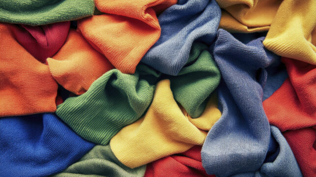 Colorful pile of freshly washed socks in vibrant hues, showcasing mix of textures and patterns, creating cheerful atmosphere