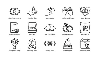 Fototapeta premium Wedding rings and ceremony icons arranged in grid layout