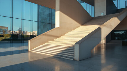 Fototapeta premium Modern architectural interior featuring grand staircase with natural light casting shadows walls and floor, creating serene