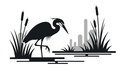 Obraz premium Black heron silhouette in marsh with reeds.