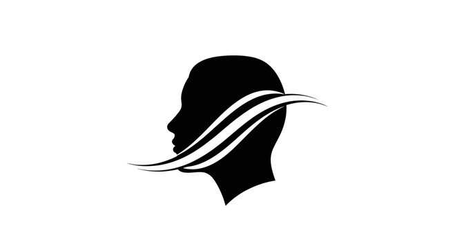 Black head silhouette with white flowing lines logo.