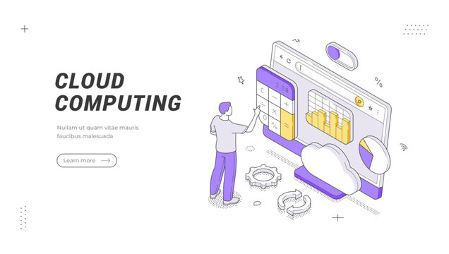 Cloud computing technology and data storage service isometric banner template. Vector illustration for database hosting, server administration, and network security. Abstract concept for SaaS and PaaS