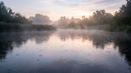 Fototapeta premium Foggy lake at sunrise with rain ripples on water surface