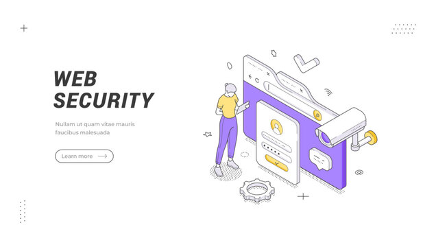 Web security and internet data protection isometric banner template. Vector illustration for online safety and cybersecurity. A concept for firewall defense, secure browsing, and antivirus software