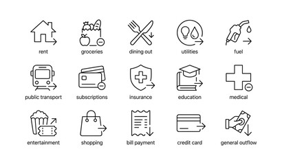 Fototapeta premium Expense icons showing spending categories on white background