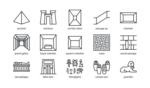 Egyptian tomb icons of pyramid chambers and sarcophagus on white