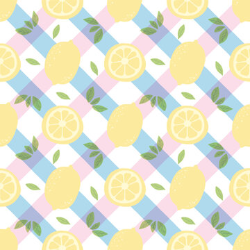 Hand-drawn lemons on a blue and pink plaid background. Seamless pattern.
