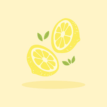 Hand-drawn lemons sliced and green leaves on a yellow  background.
