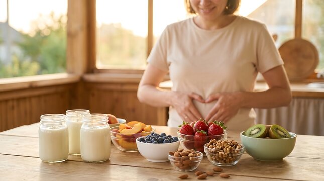 Happy woman promotes gut health and well-being with a table full of nourishing natural foods