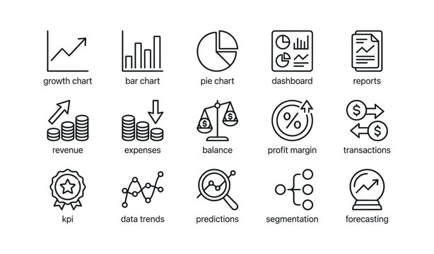 Business analytics icons showing charts, metrics and financial symbols