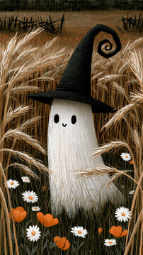 Cute ghost wearing a witch hat in a golden wheat field, vertical Halloween animation featuring cozy autumn colors, playful spooky charm and magical fall atmosphere