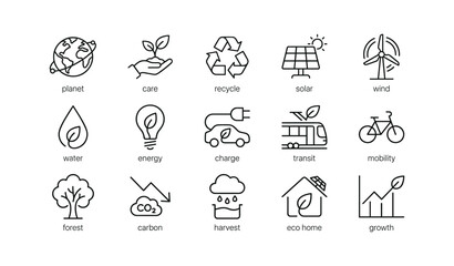 Fototapeta premium Sustainability icons illustrating renewable energy and mobility