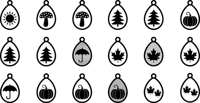 Set of black and white teardrop earring cutouts featuring seasonal autumn, fall, nature, and holiday themed silhouettes