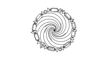 Fototapeta premium A circular frame of assorted hand drawn candies surrounding a central spiral pattern.