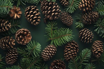Fototapeta premium Christmas pattern made of natural pine cones and fir tree branches on dark green background, winter holidays greeting card