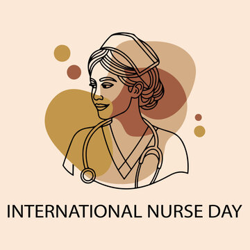 International Nurse Day illustration with minimalist line art of a female nurse wearing a stethoscope and cap over abstract earth tone shapes. Female nurse portrait in elegant line art style. 
