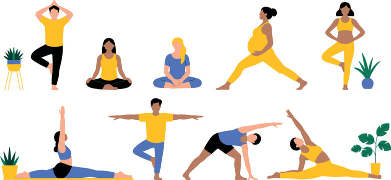 Set of flat vector illustrations featuring people practicing various yoga poses, meditation, and mindfulness exercises on mats.