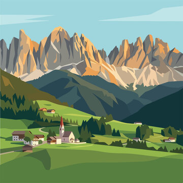 Beautiful alpine village in the Dolomite mountains vector illustration. Idyllic mountain village surrounded by pine forest vector landscape. Scenic European mountain valley illustration. 